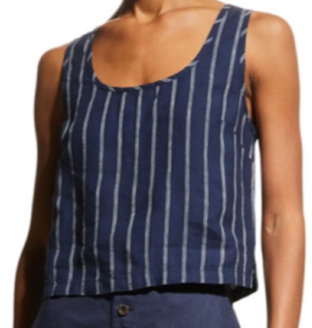 Onia Tank Top Womens Medium 100% Linen Navy Blue White Stripe Tie Open Back